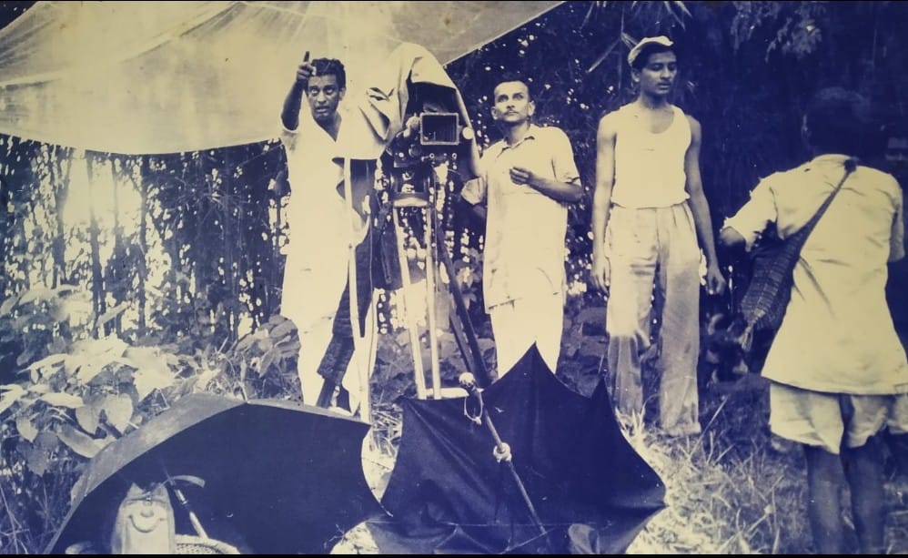 Soumendu Roy (third from left) during a shooting with Satyajit Ray